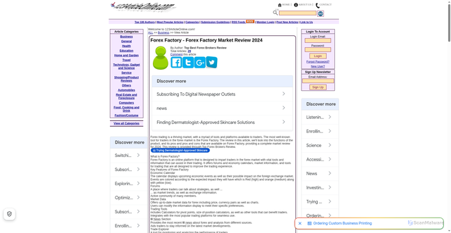 Security scan screenshot of https://www.123articleonline.com/articles/1418681/forex-factory-forex-factory-market-review-2024