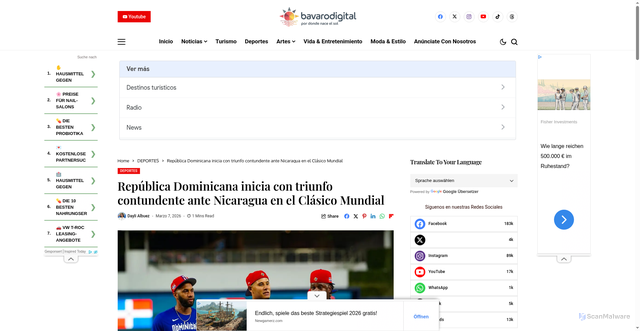 Security scan screenshot of https://bavarodigital.net/republica-dominicana-inicia-con-triunfo-contundente-ante-nicaragua-en-el-clasico-mundial/