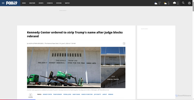 Security scan screenshot of https://fox49.tv/news/nation-world/john-f-kennedy-center-memo-performing-arts-ordered-to-strip-president-donald-trumps-name-after-judge-blocks-rebrand-email-signature-letterhead-documents