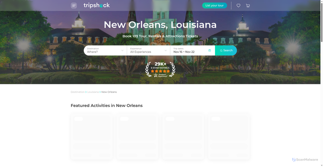 Security scan screenshot of https://www.tripshock.com/destination/la/new-orleans/