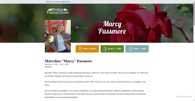 Security scan screenshot of https://www.bentonfuneralhome.net/obituaries/marcelina-passmore