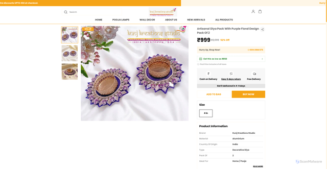 Security scan screenshot of https://kunjkreationsstudio.com/Artisanal-Diya-Pack-With-Purple-Floral-Design-Pack-Of-2/catalogue/kSaAo97x/9SR0A46C