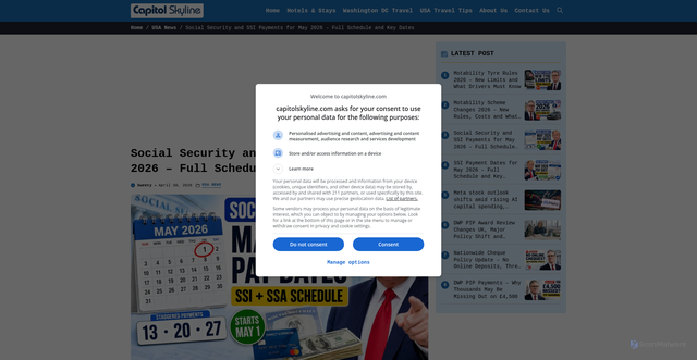 Security scan screenshot of https://capitolskyline.com/social-security-and-ssi-payments-for-may-2026/