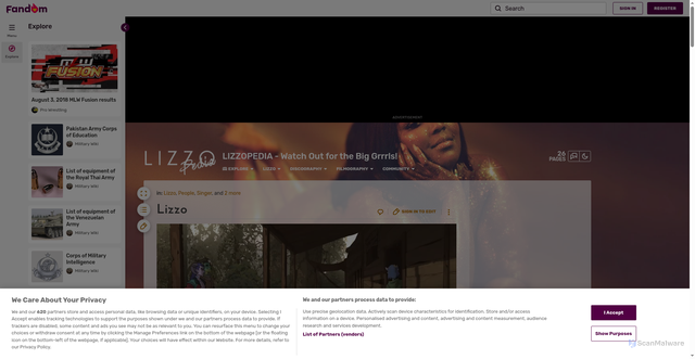 Security scan screenshot of https://official-lizzo.fandom.com/wiki/Lizzo