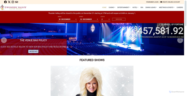 Security scan screenshot of https://thundervalleyresort.com/entertainment/events