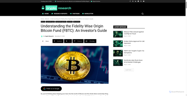 Security scan screenshot of https://cryptoresearch.report/crypto-research/understanding-the-fidelity-wise-origin-bitcoin-fund-fbtc-an-investors-guide/