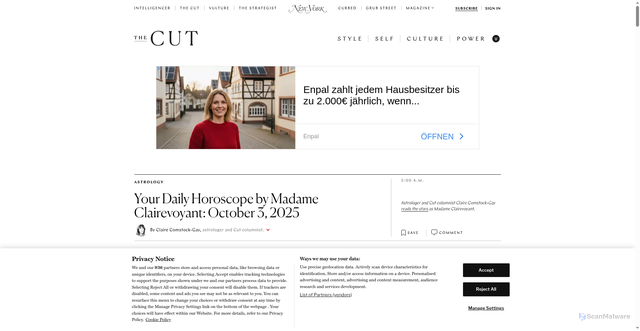 Security scan screenshot of https://www.thecut.com/article/your-daily-horoscope-madame-clairevoyant-oct-3-2025.html