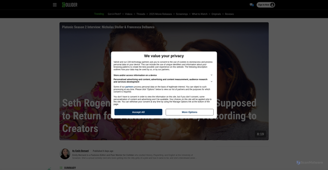 Security scan screenshot of https://collider.com/platonic-season-2-explained-seth-rogen-nicholas-stoller-apple-tv/