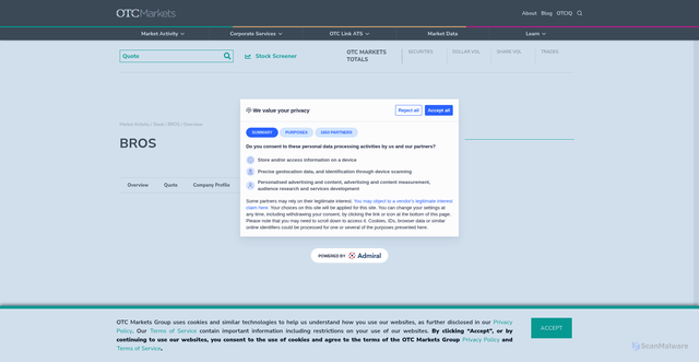 Security scan screenshot of https://www.otcmarkets.com/stock/BROS/overview
