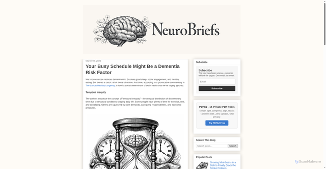Security scan screenshot of https://neurobriefs.pages.dev/2026/03/your-busy-schedule-might-be-a-dementia-risk-factor