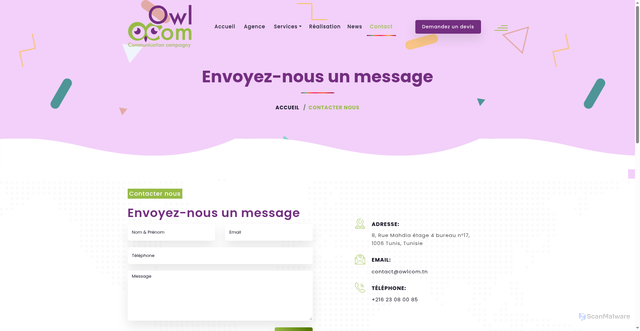 Security scan screenshot of https://www.owlcom.tn/agence-creation-web-tunisie.html