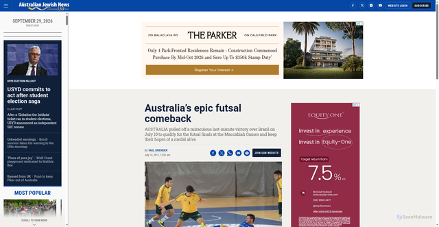 Security scan screenshot of https://www.australianjewishnews.com/australias-epic-futsal-comeback/