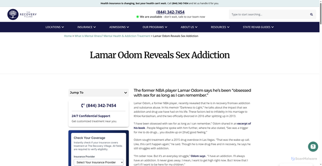 Security scan screenshot of https://www.therecoveryvillage.com/mental-health/lamar-odom-reveals-sex-addiction/