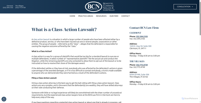 Security scan screenshot of https://www.bcnlawfirm.com/what-is-a-class-action-lawsuit/