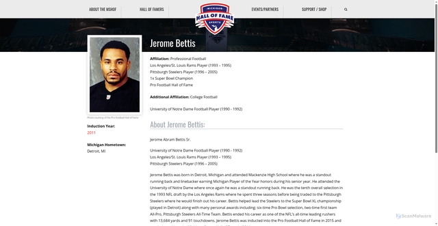 Security scan screenshot of https://michigansportshof.org/inductee/jerome-bettis/