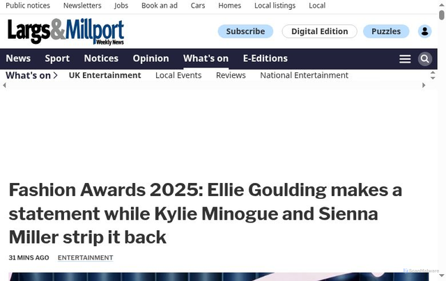 Security scan screenshot of https://www.largsandmillportnews.com/leisure/national/25664844.fashion-awards-2025-ellie-goulding-makes-statement-kylie-minogue-sienna-miller-strip-back/