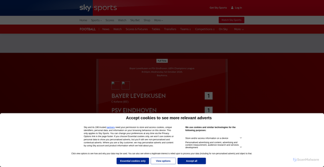 Security scan screenshot of https://www.skysports.com/football/bayer-leverkusen-vs-psv-eindhoven/teams/547940