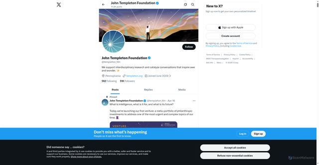 Security scan screenshot of https://x.com/templeton_fdn?utm_source=Receive+News+from+the+John+Templeton+Foundation&utm_campaign=ebd0963f2c-EMAIL_CAMPAIGN_2026_templetonideas_20260429&utm_medium=email&utm_term=0_-42837b4b08-97355777