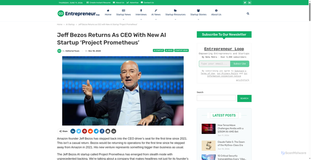 Security scan screenshot of https://entrepreneurloop.com/jeff-bezos-ai-startup-project-prometheus-ceo-return/