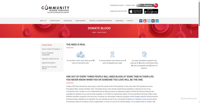 Security scan screenshot of https://communitybloodservices.org/donate-blood/