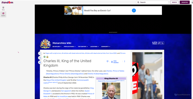 Security scan screenshot of https://monarchies.fandom.com/wiki/Charles_III,_King_of_the_United_Kingdom