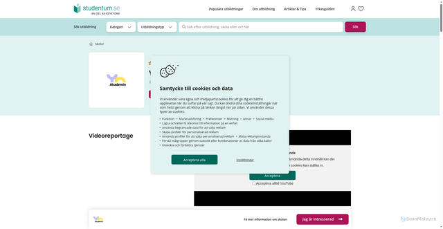 Security scan screenshot of https://www.studentum.se/skola/yh-akademin/#Educations
