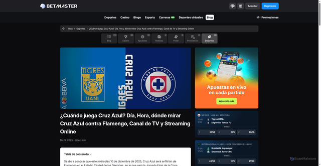 Security scan screenshot of https://blog.betmaster.com.mx/deportes/cuando-juega-cruz-azul-dia-hora-donde-verlo-canal-de-tv-y-streaming-online-del-partido/