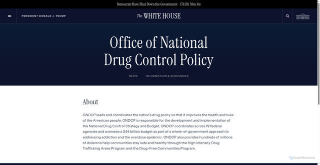 Security scan screenshot of https://www.whitehouse.gov/ondcp/?utm_source=ondcp.gov