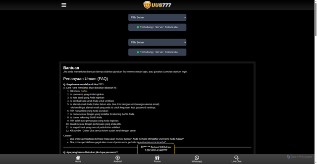 Security scan screenshot of https://xn--p6ccr3dlbaan1ai1aj9jpau3cfi3gdego4f7ihe4szam.net/mobile/content/bantuan