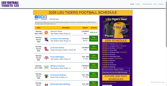 Security scan screenshot of https://www.lsufootballtickets123.com/2026-lsu-football-schedule.php