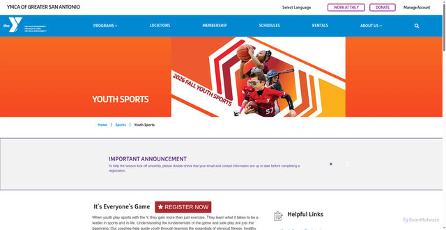 Security scan screenshot of https://ymcasatx.org/programs/sports/youth-sports