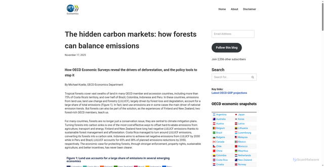 Security scan screenshot of https://oecdecoscope.blog/2025/11/17/the-hidden-carbon-markets-how-forests-can-balance-emissions/