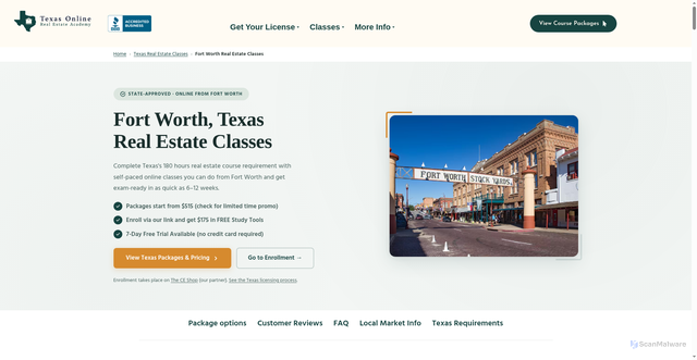 Security scan screenshot of https://texasonlinerealestateacademy.com/fort-worth-texas-real-estate-license-classes/