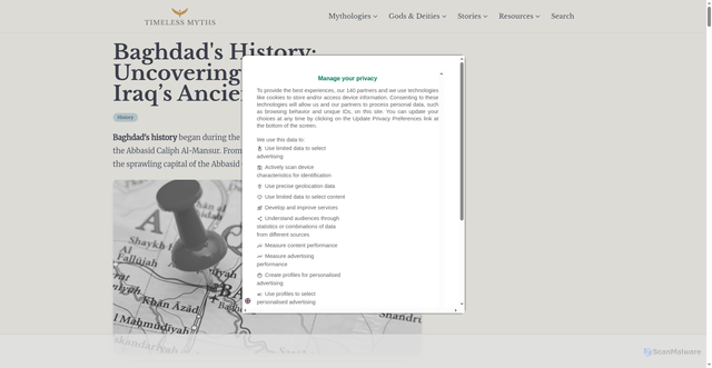 Security scan screenshot of https://timelessmyths.com/stories/baghdad-history