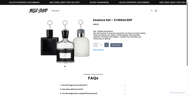 Security scan screenshot of https://belaashop.com/products/essence-set-3-100ml-edp