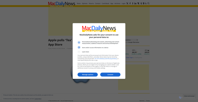 Security scan screenshot of https://macdailynews.com/2025/10/24/apple-pulls-tea-and-teaonher-apps-from-its-app-store/