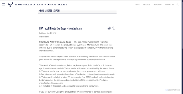 Security scan screenshot of https://www.sheppard.af.mil/News/News-Notes/Article/639379/fda-recall-rohto-eye-drops-mentholatum/