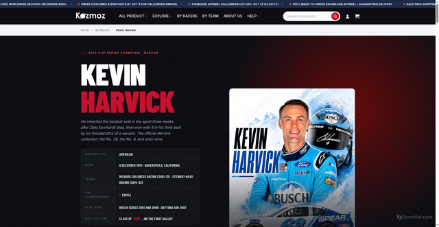 Security scan screenshot of https://kozmozracing.com/by-racers/kevin-harvick/