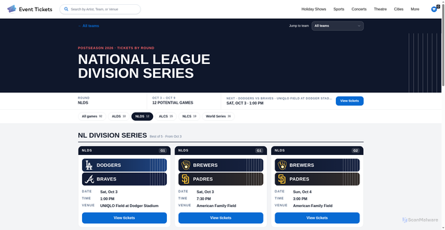 Security scan screenshot of https://allsavingstickets.com/mlb-postseason/all-events?round=nlds