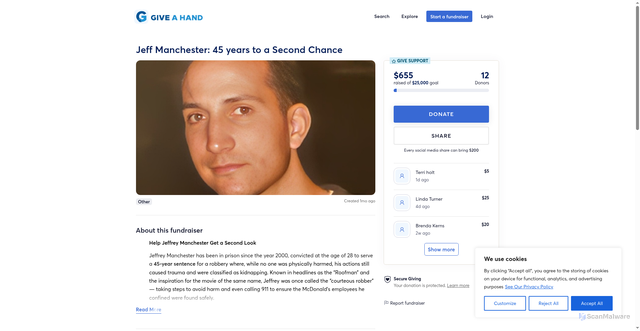 Security scan screenshot of https://giveahand.com/fundraiser/jeff-manchester-legal-support