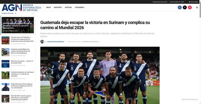 Security scan screenshot of https://agn.gt/guatemala-deja-escapar-la-victoria-en-surinam-y-complica-su-camino-al-mundial-2026/
