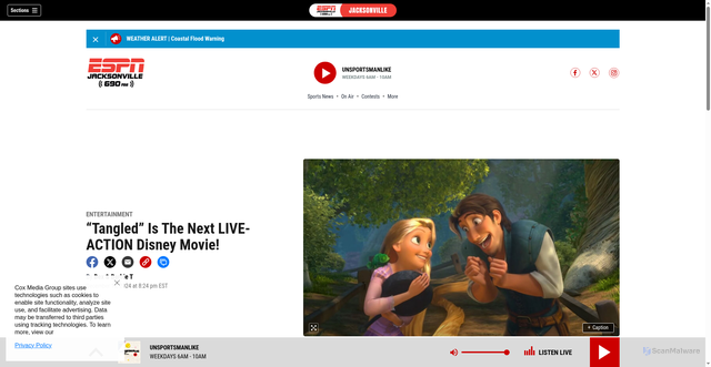 Security scan screenshot of https://www.espn690.com/entertainment/tangled-is-next-live-action-disney-movie/AATNQJICYJFZXAVXFSLEGUOGTY/