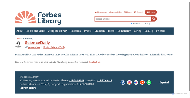 Security scan screenshot of https://forbeslibrary.org/databases/sciencedaily/