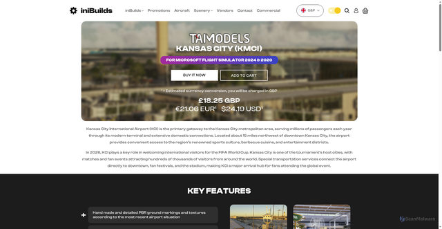 Security scan screenshot of https://inibuilds.com/products/taimodels-kansas-city-kmci-msfs?srsltid=AfmBOopGIKjECw3HPdSxLHyq6kvHWmu8eDmy2UcaFVab4o-XeKtBrUa3