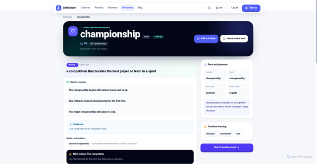 Security scan screenshot of https://jadolearn.com/en/dictionary/en/championship?pos=noun
