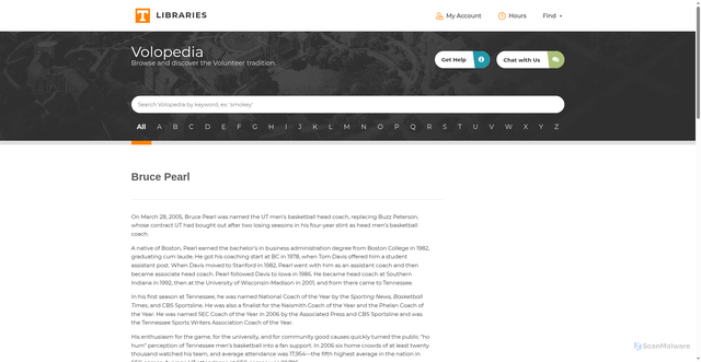 Security scan screenshot of https://volopedia.lib.utk.edu/entries/bruce-pearl/