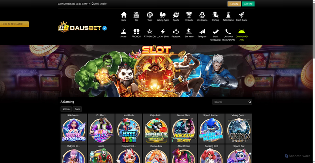 Security scan screenshot of https://dausbetkuberani1.click/desktop/game/slot/aigaming