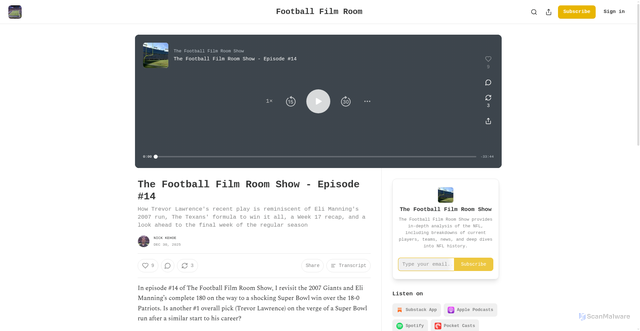 Security scan screenshot of https://www.footballfilmroom.com/p/the-football-film-room-show-episode-129?source=queue&autoPlay=true