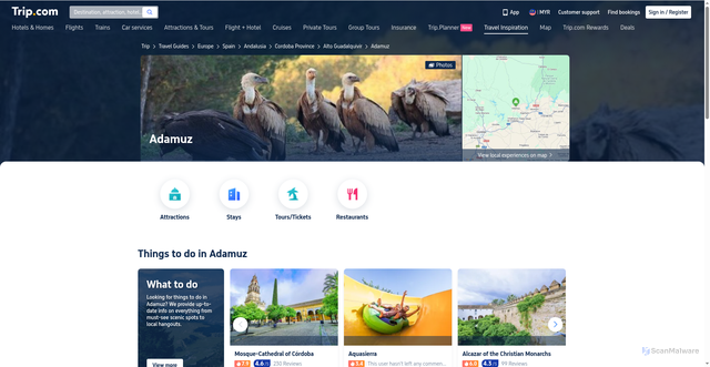 Security scan screenshot of https://my.trip.com/travel-guide/destination/adamuz-133966/?locale=en_my