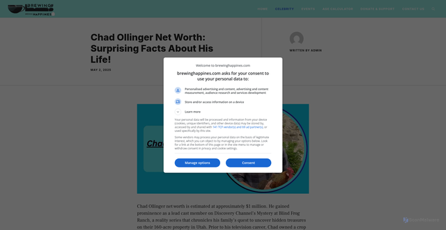 Security scan screenshot of https://brewinghappines.com/chad-ollinger-net-worth/